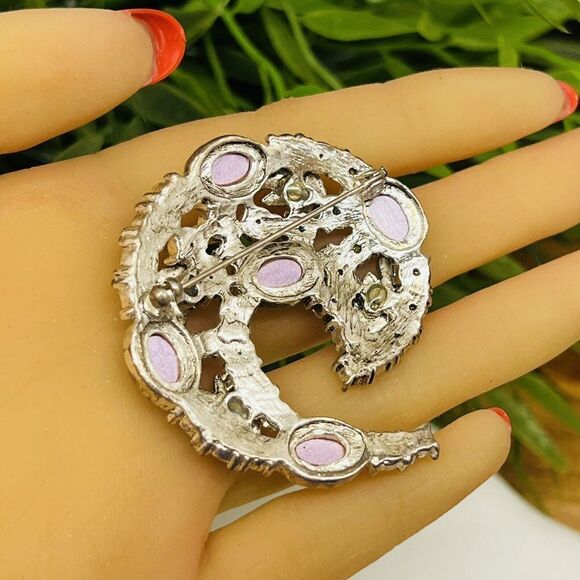 Retro Vintage Brooch Leaf Swirl Burgundy Red Rhinestone Cabochon Foliage 4337 - Picture 5 of 7